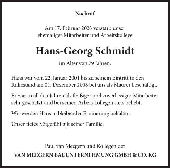 Traueranzeige von Hans-Georg Schmidt 