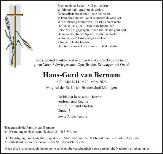 Traueranzeige von Hans-Gerd van Bernum 