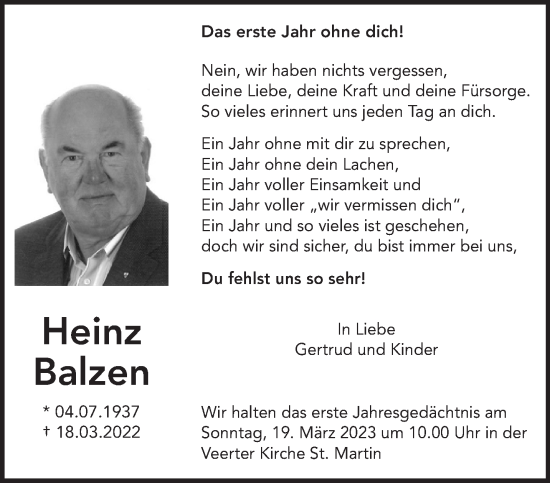 Traueranzeige von Heinz Balzen 