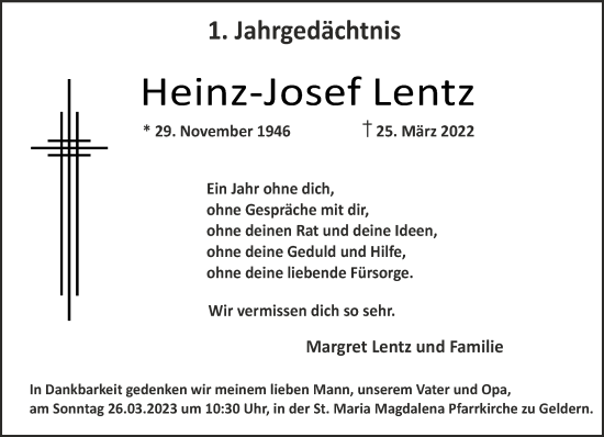 Traueranzeige von Heinz-Josef Lentz 