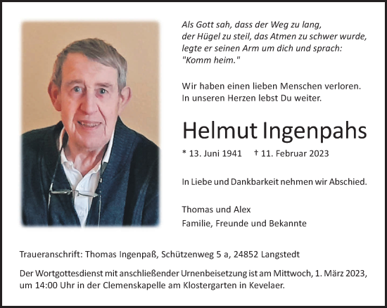 Traueranzeige von Helmut Ingenpahs 