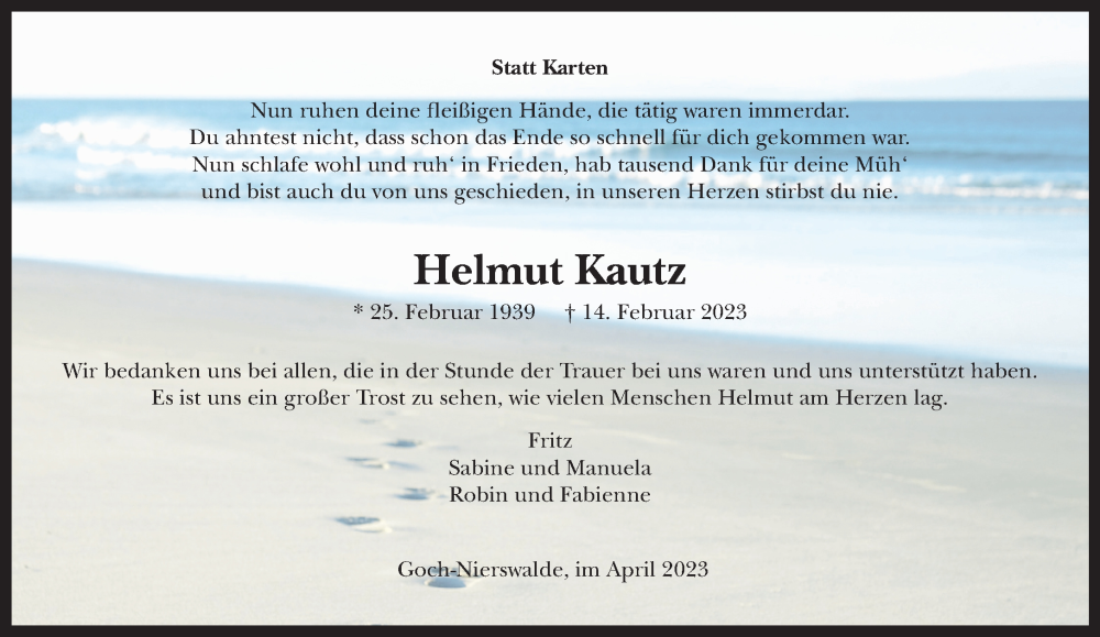  Traueranzeige für Helmut Kautz vom 01.04.2023 aus 