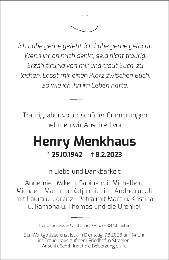 Traueranzeige von Henry Menkhaus 