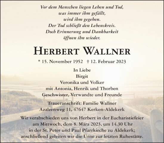 Traueranzeige von Herbert Wallner 
