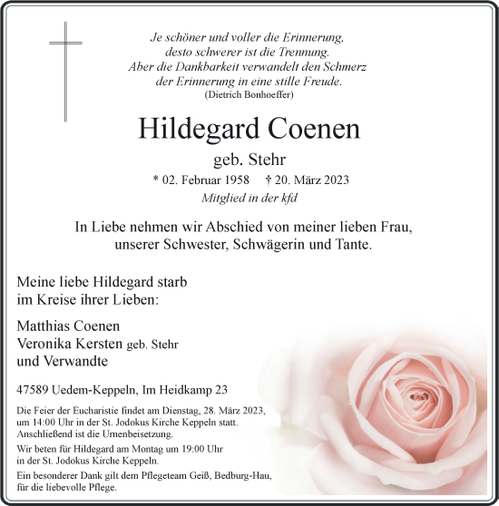 Traueranzeige von Hildegard Coenen 