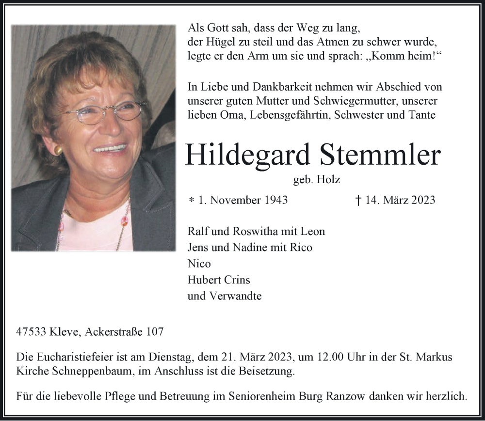  Traueranzeige für Hildegard Stemmler vom 18.03.2023 aus 