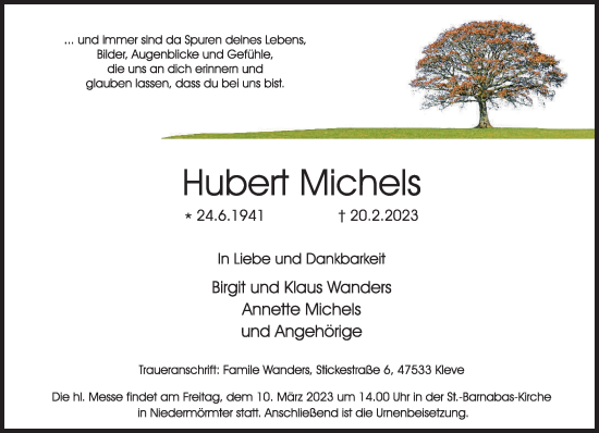Traueranzeige von Hubert Michels 