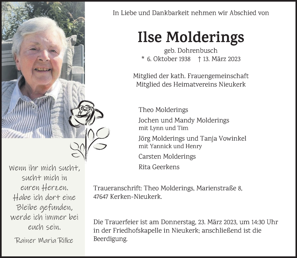  Traueranzeige für Ilse Molderings vom 18.03.2023 aus 
