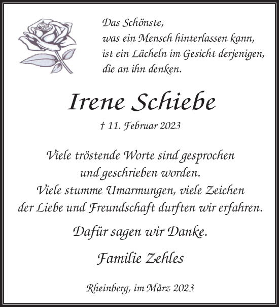 Traueranzeige von Irene Schiebe 