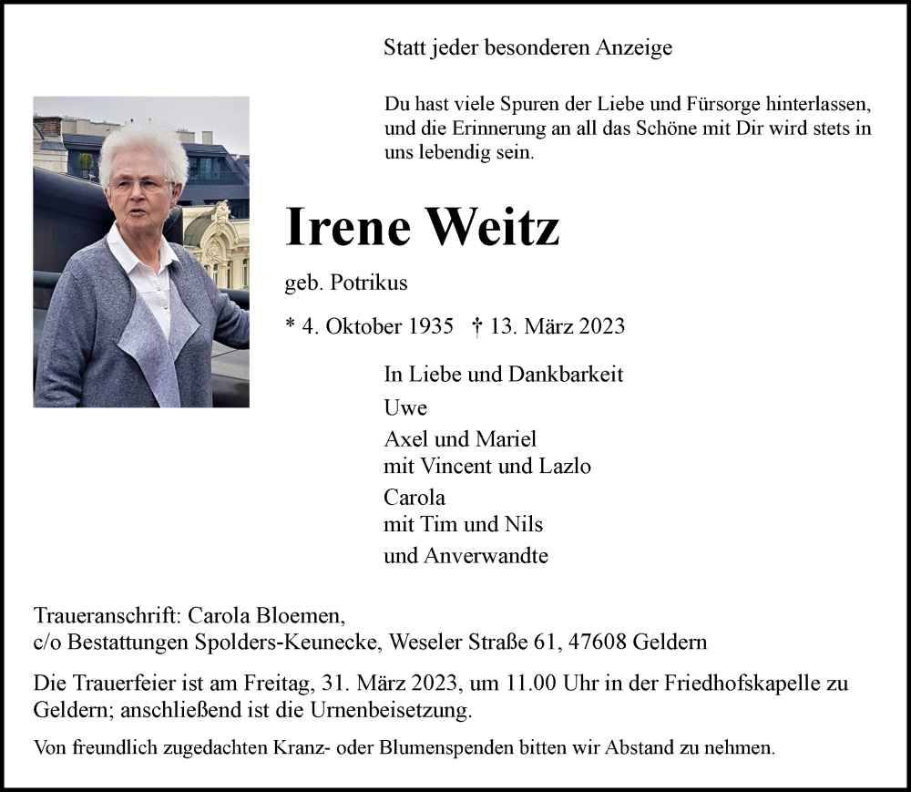  Traueranzeige für Irene Weitz vom 25.03.2023 aus 