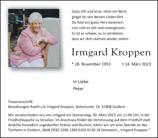 Traueranzeige von Irmgard Kroppen 