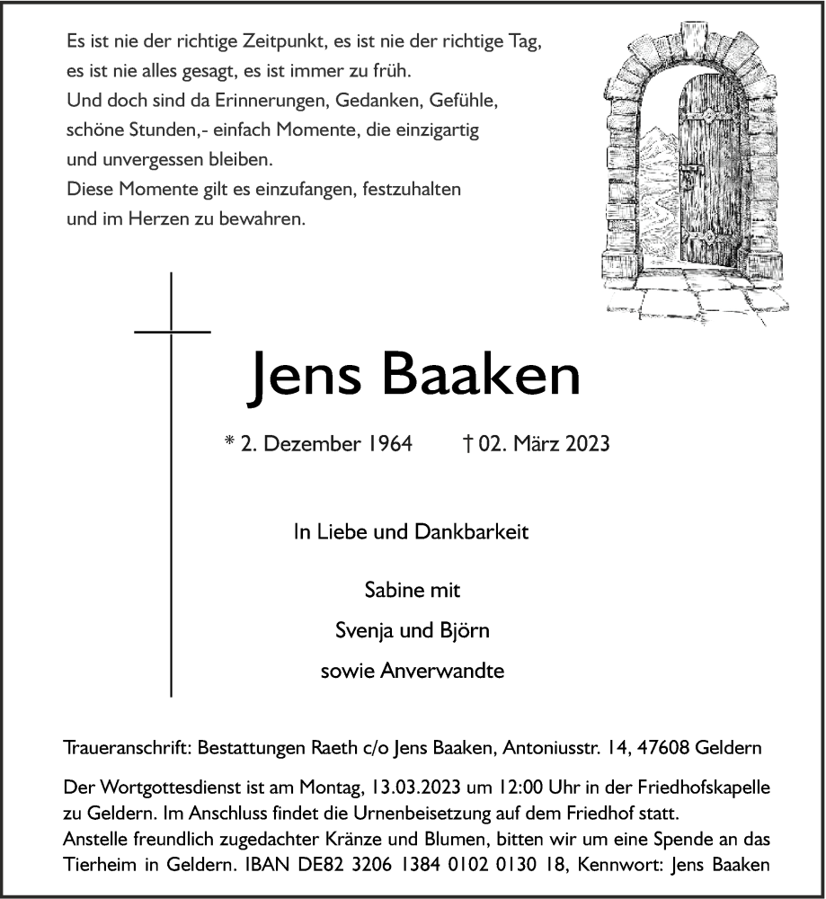  Traueranzeige für Jens Baaken vom 08.03.2023 aus 