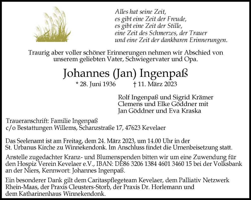  Traueranzeige für Johannes  Ingenpaß vom 18.03.2023 aus 