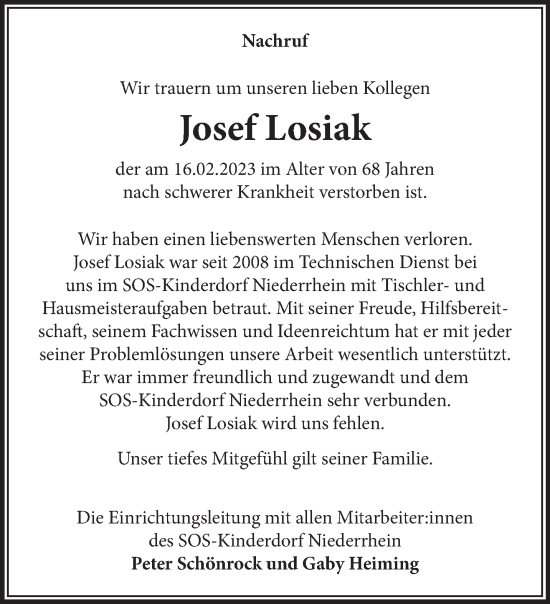Traueranzeige von Josef Losiak 