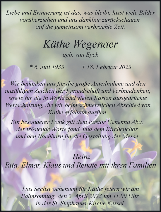 Traueranzeige von Käthe Wegenaer 