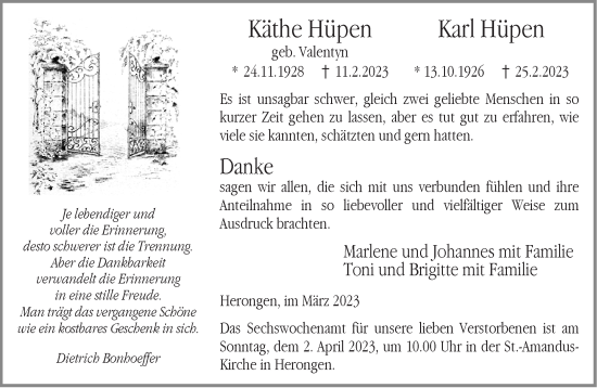 Traueranzeige von Käthe und Karl Hüpen 