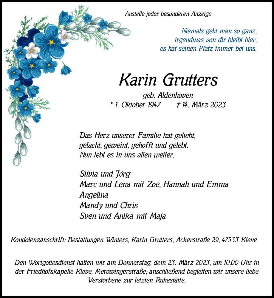  Traueranzeige für Karin Grutters vom 18.03.2023 aus 