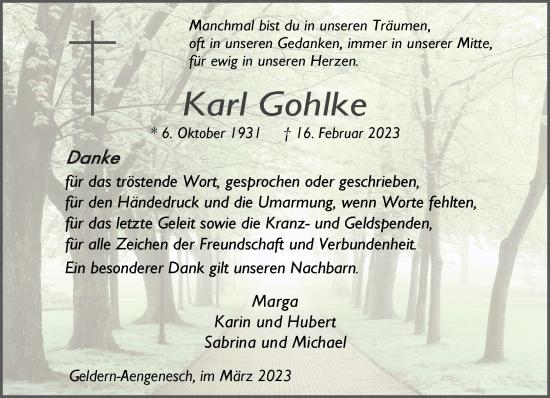 Traueranzeige von Karl Gohlke 