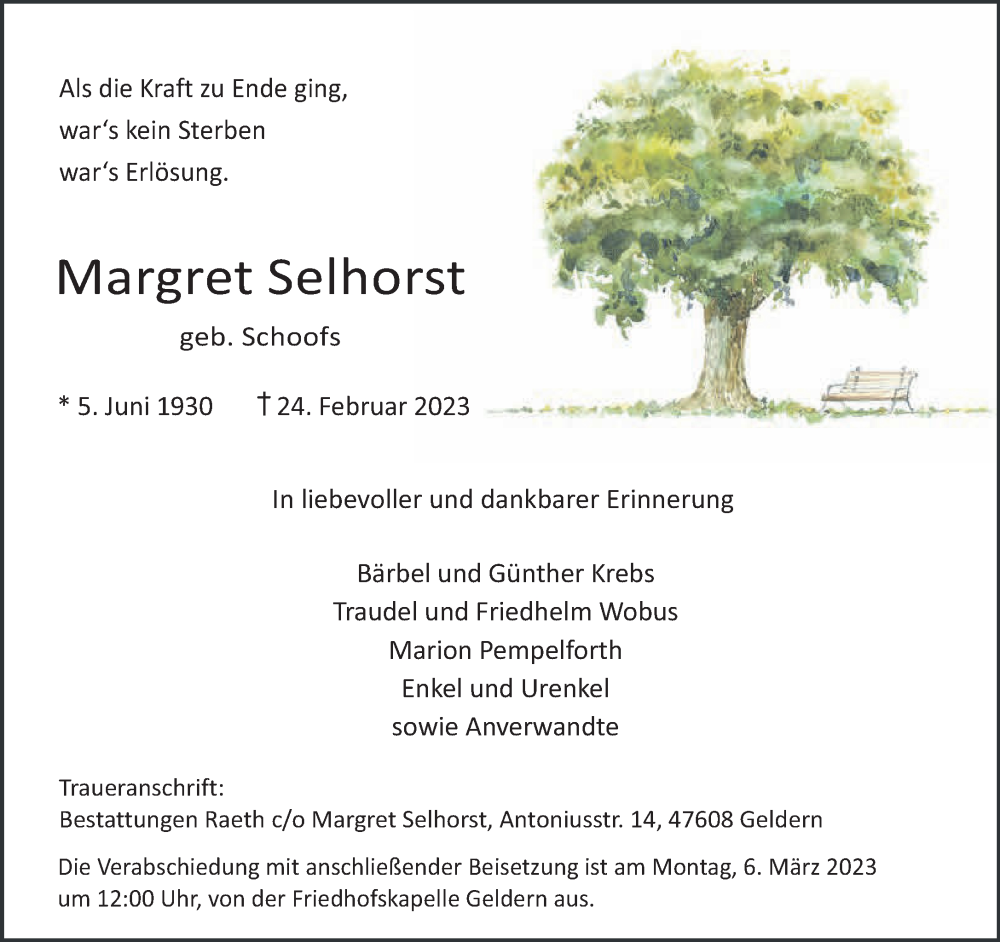  Traueranzeige für Margret Selhorst vom 04.03.2023 aus 