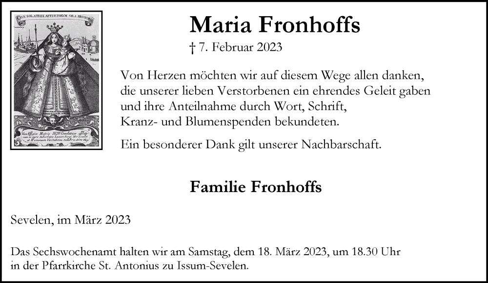  Traueranzeige für Maria Fronhoffs vom 11.03.2023 aus 