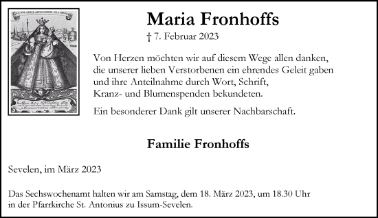 Traueranzeige von Maria Fronhoffs 