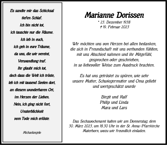 Traueranzeige von Marianne Dorissen 
