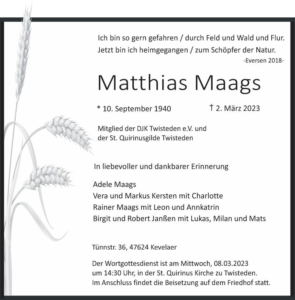  Traueranzeige für Matthias Maags vom 08.03.2023 aus 