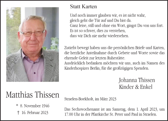 Traueranzeige von Matthias Thissen 