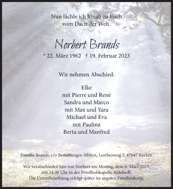 Traueranzeige von Norbert Brands 