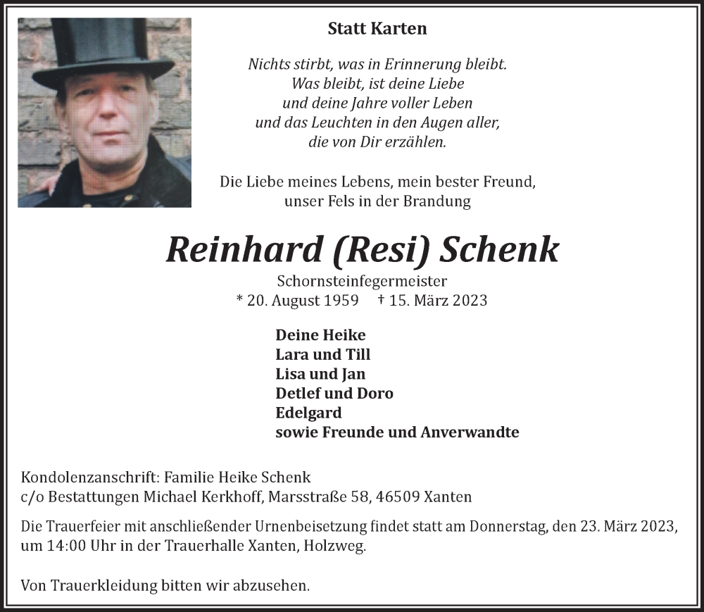  Traueranzeige für Reinhard  Schenk vom 18.03.2023 aus 