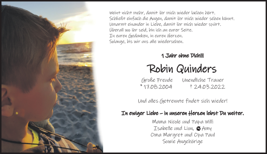 Traueranzeige von Robin Quinders 
