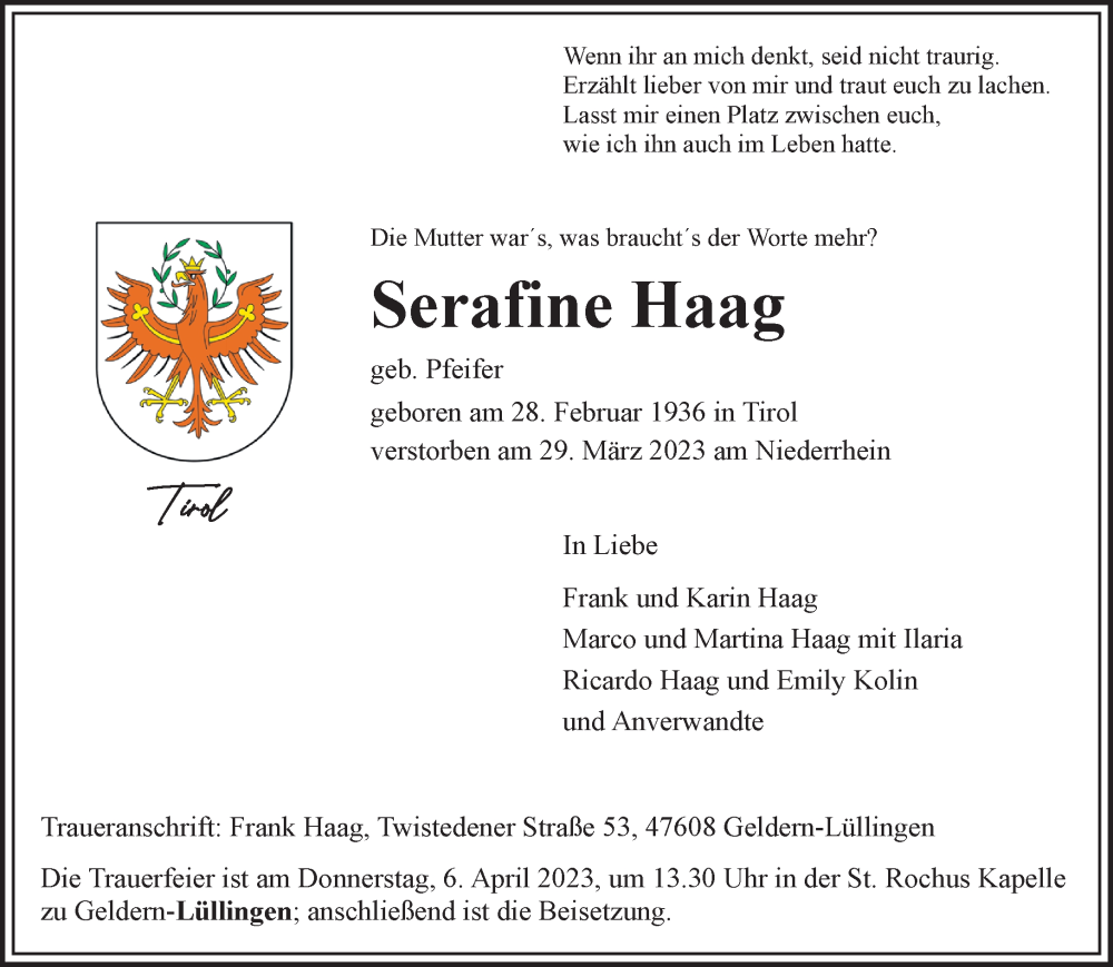  Traueranzeige für Serafine Haag vom 01.04.2023 aus 
