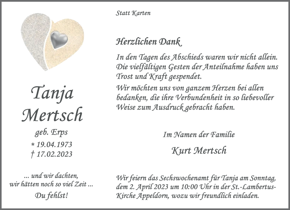  Traueranzeige für Tanja Mertsch vom 25.03.2023 aus 