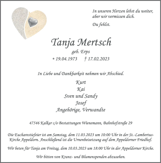 Traueranzeige von Tanja Mertsch 