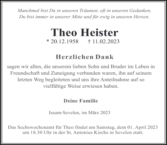 Traueranzeige von Theo Heister 
