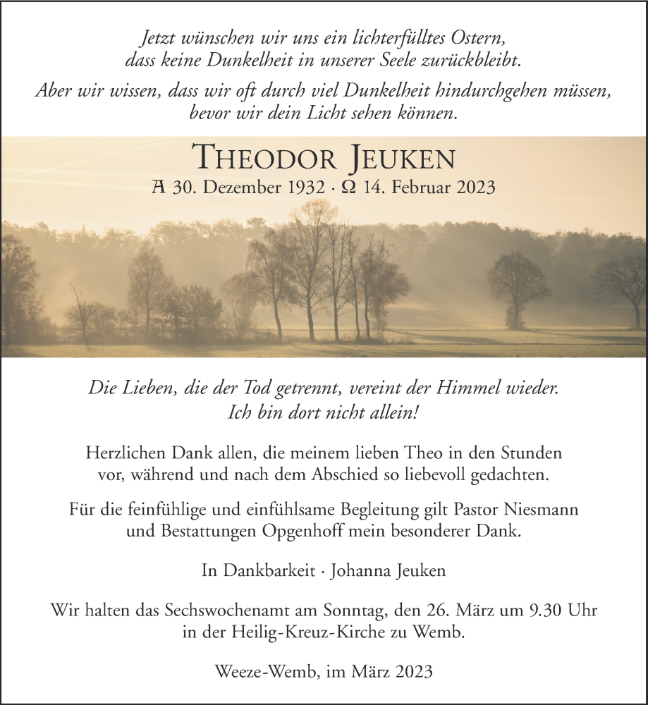  Traueranzeige für Theodor Jeuken vom 18.03.2023 aus 