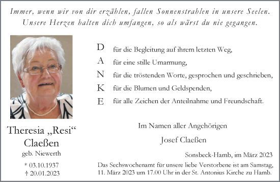 Traueranzeige von Theresia Claeßen 