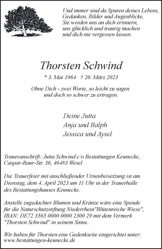 Traueranzeige von Thorsten Schwind 