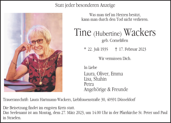 Traueranzeige von Tine  Wackers 