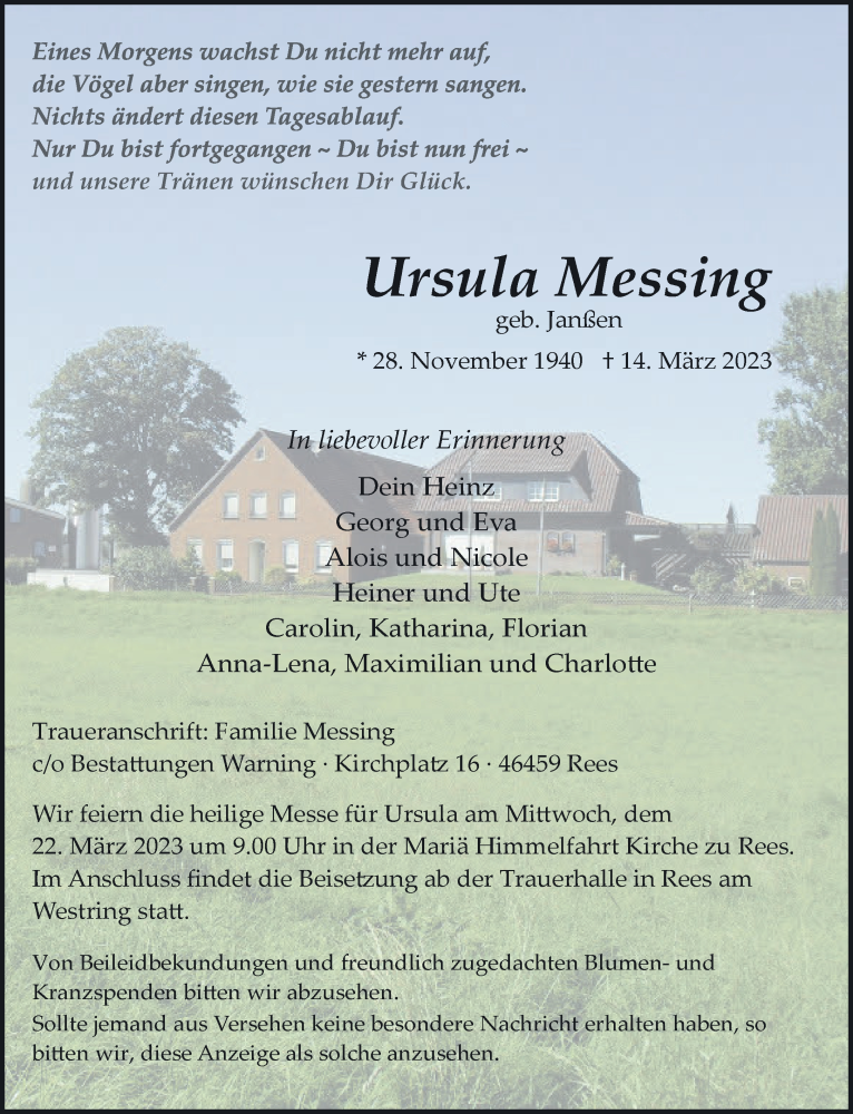  Traueranzeige für Ursula Messing vom 18.03.2023 aus 