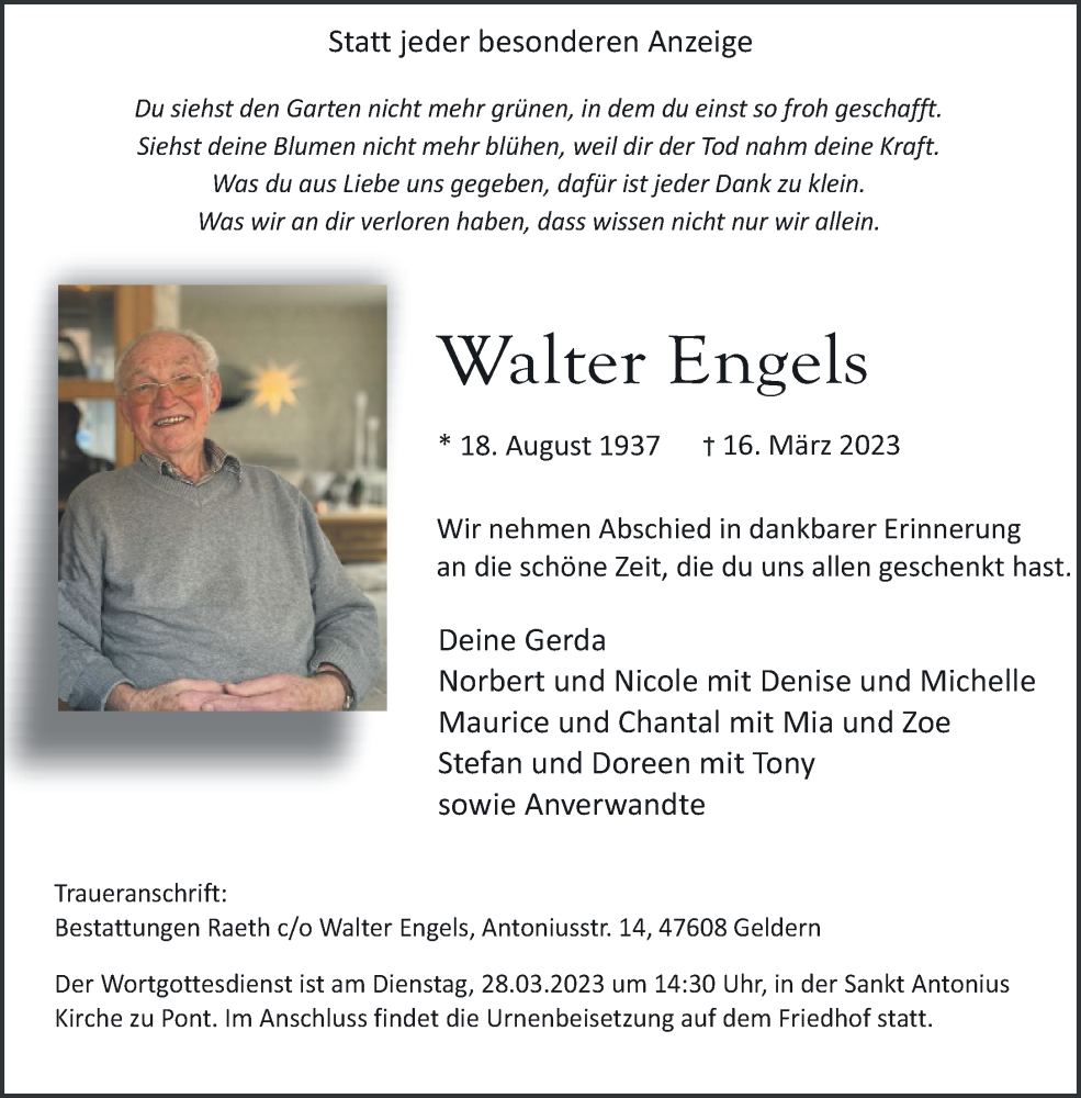  Traueranzeige für Walter Engels vom 25.03.2023 aus 