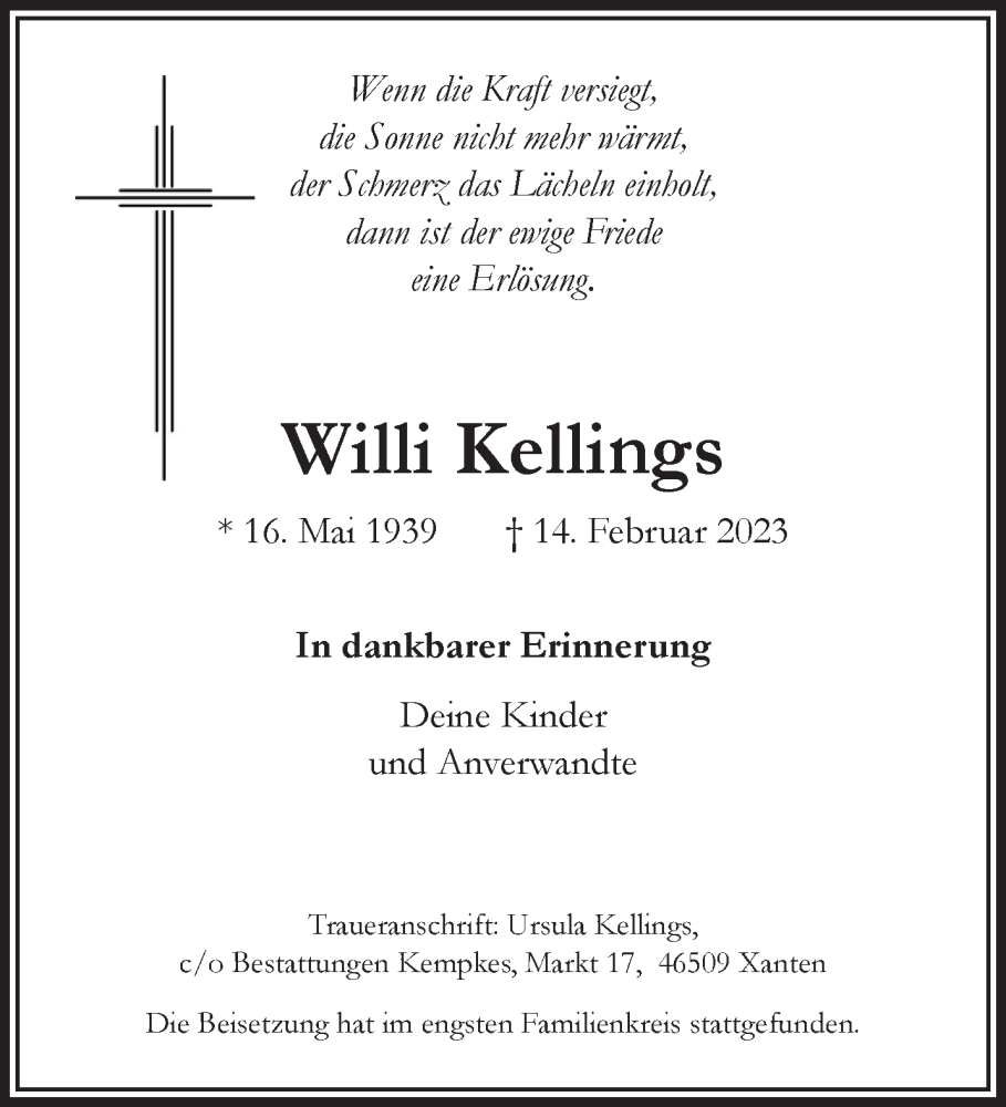  Traueranzeige für Willi Kellings vom 11.03.2023 aus 