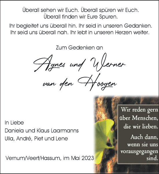 Traueranzeige von Agnes und Werner van den Hoogen 