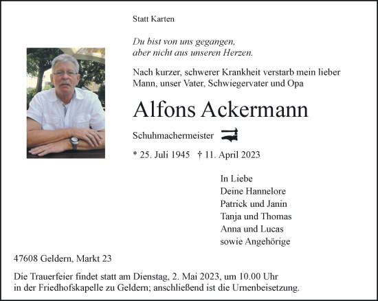 Traueranzeige von Alfons Ackermann 