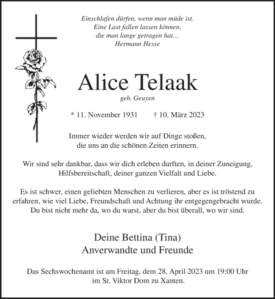 Traueranzeige von Alice Telaak 