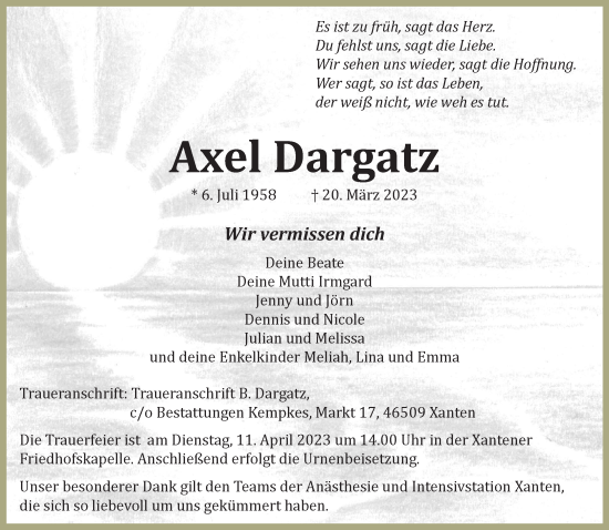 Traueranzeige von Axel Dargatz 