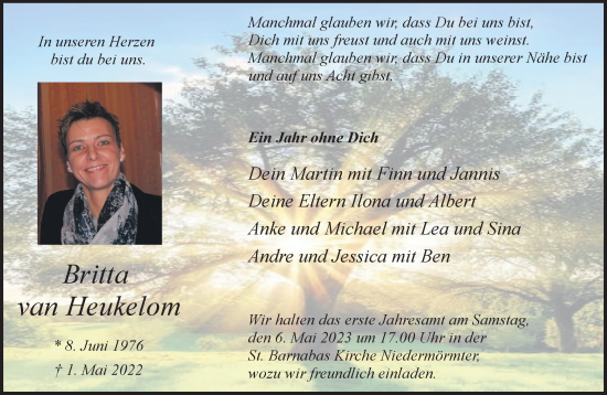 Traueranzeige von Britta van Heukelom 