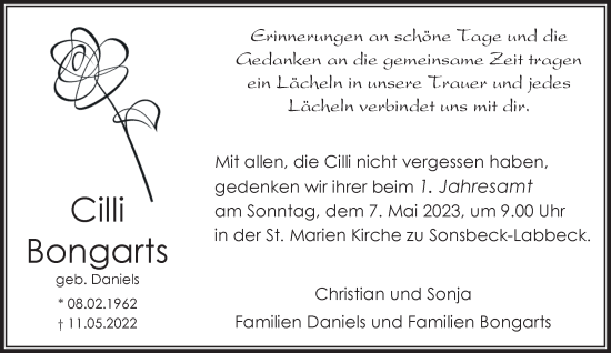 Traueranzeige von Cilli Bongarts 