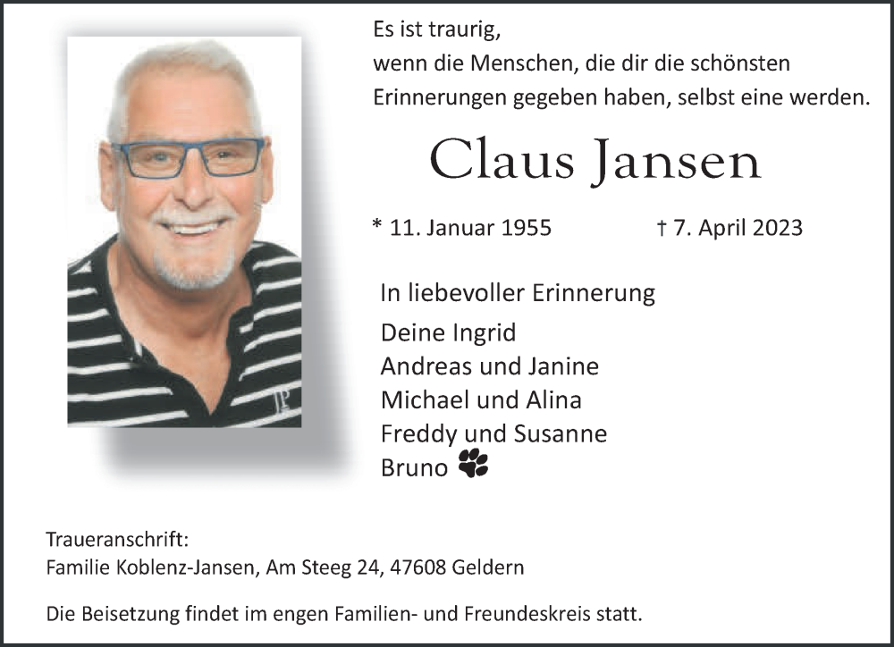  Traueranzeige für Claus Jansen vom 29.04.2023 aus 