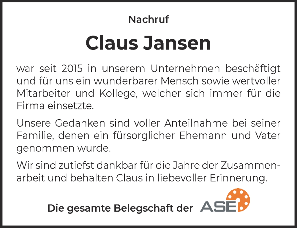  Traueranzeige für Claus Jansen vom 29.04.2023 aus 